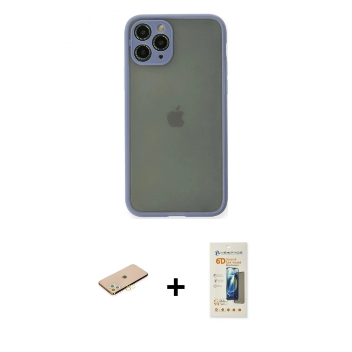 MARSİLYAN™- iPhone 11 Pro Kılıf Ahenk Çizgi Serisi - Siyah 6D Mat Seramik Hayalet Nano Ekran Koruyucu + Renkli Kamera Lens Koruma Cam - PE