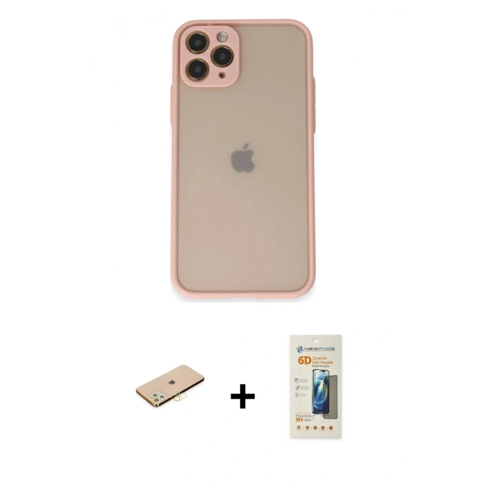 MARSİLYAN™- iPhone 11 Pro Kılıf Ahenk Çizgi Serisi - Siyah 6D Mat Seramik Hayalet Nano Ekran Koruyucu + Renkli Kamera Lens Koruma Cam - PE
