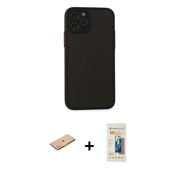 MARSİLYAN™- iPhone 11 Pro Kılıf Ahenk Çizgi Serisi - Siyah 6D Mat Seramik Hayalet Nano Ekran Koruyucu + Renkli Kamera Lens Koruma Cam - TU