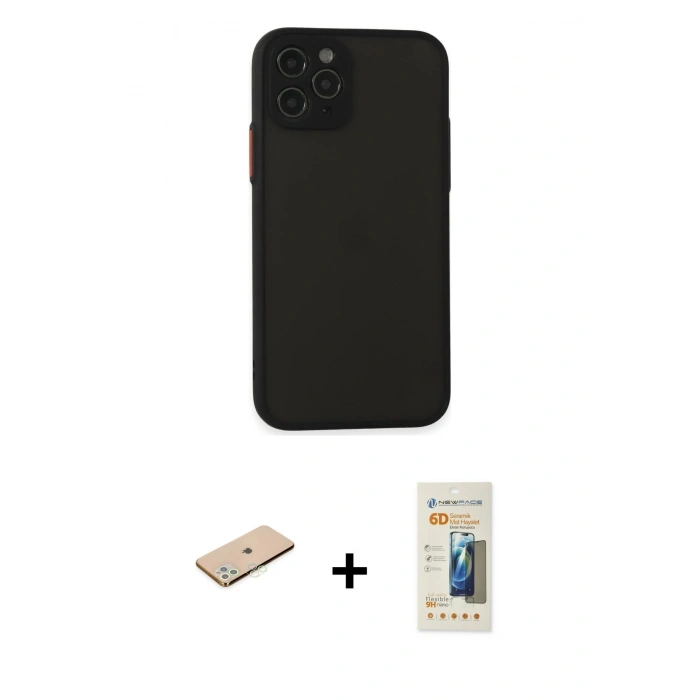 MARSİLYAN™- iPhone 11 Pro Kılıf Ahenk Çizgi Serisi - Siyah 6D Mat Seramik Hayalet Nano Ekran Koruyucu + Renkli Kamera Lens Koruma Cam - YL