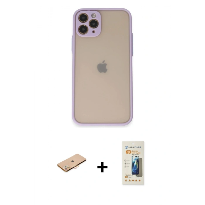 MARSİLYAN™- iPhone 11 Pro Kılıf Ahenk Çizgi Serisi - Siyah 6D Mat Seramik Hayalet Nano Ekran Koruyucu + Renkli Kamera Lens Koruma Cam - TU
