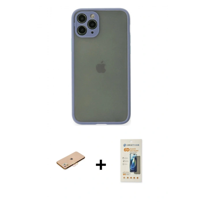 MARSİLYAN™- iPhone 11 Pro Kılıf Ahenk Çizgi Serisi - Siyah 6D Mat Seramik Hayalet Nano Ekran Koruyucu + Renkli Kamera Lens Koruma Cam - TU