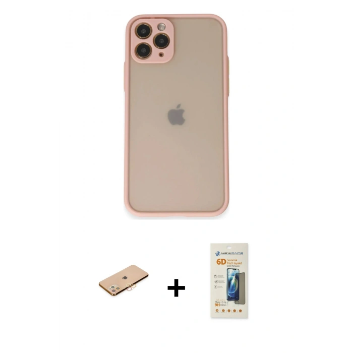 MARSİLYAN™- iPhone 11 Pro Kılıf Ahenk Çizgi Serisi - Siyah 6D Mat Seramik Hayalet Nano Ekran Koruyucu + Renkli Kamera Lens Koruma Cam - TU