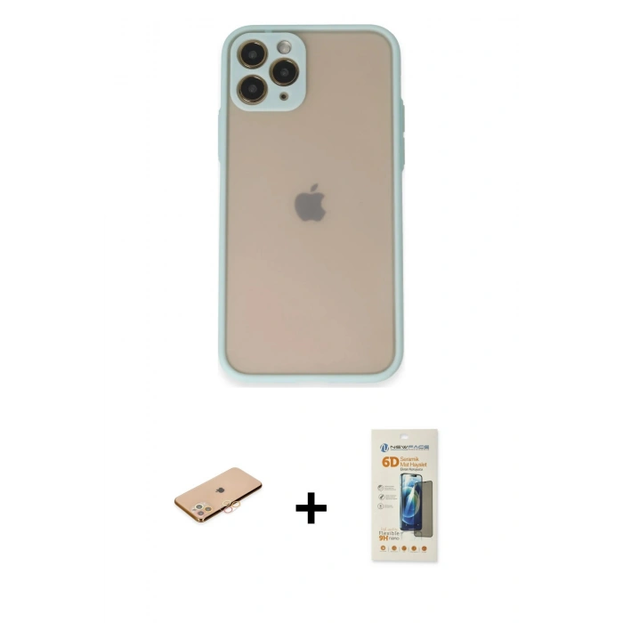 MARSİLYAN™- iPhone 11 Pro Kılıf Ahenk Çizgi Serisi - Siyah 6D Mat Seramik Hayalet Nano Ekran Koruyucu + Renkli Kamera Lens Koruma Cam - TU