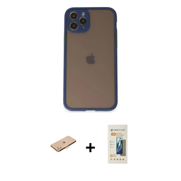 MARSİLYAN™- iPhone 11 Pro Kılıf Ahenk Çizgi Serisi - Siyah 6D Mat Seramik Hayalet Nano Ekran Koruyucu + Renkli Kamera Lens Koruma Cam - TU