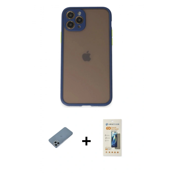 MARSİLYAN™- iPhone 11 Pro Kılıf Ahenk Çizgi Serisi - Siyah 6D Mat Seramik Hayalet Nano Ekran Koruyucu + Shine Kamera Lens Koruma Cam - SABE