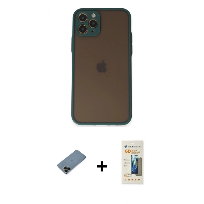 MARSİLYAN™- iPhone 11 Pro Kılıf Ahenk Çizgi Serisi - Siyah 6D Mat Seramik Hayalet Nano Ekran Koruyucu + Shine Kamera Lens Koruma Cam - SH
