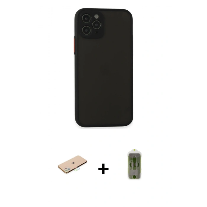 MARSİLYAN™- iPhone 11 Pro Kılıf Ahenk Çizgi Serisi - Siyah Joko Magic 5D Hayalet Cam + Mavi Renkli Kamera Lens Koruma Cam