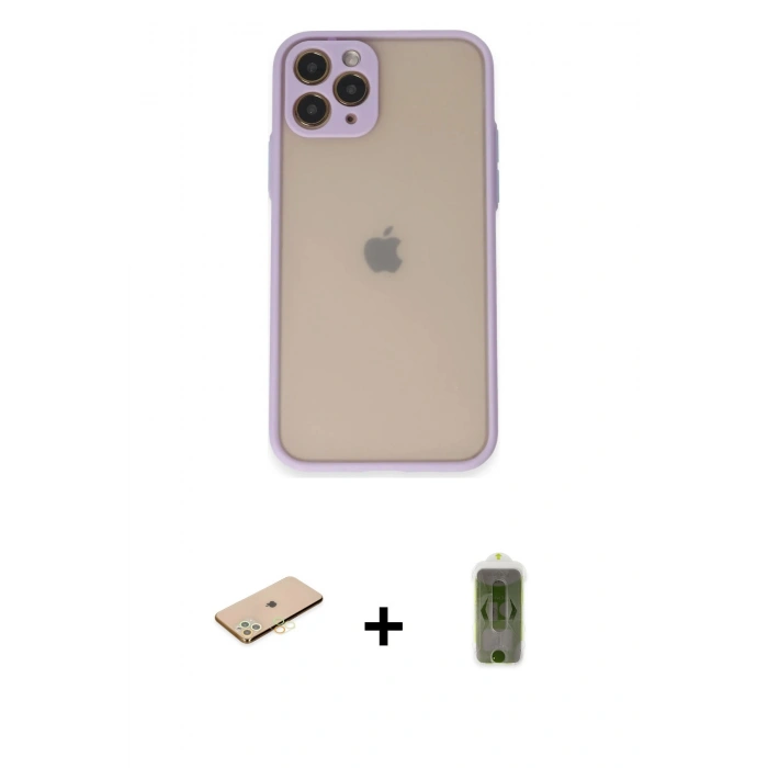 MARSİLYAN™- iPhone 11 Pro Kılıf Ahenk Çizgi Serisi - Siyah Joko Magic 5D Hayalet Cam + Pembe Renkli Kamera Lens Koruma Cam