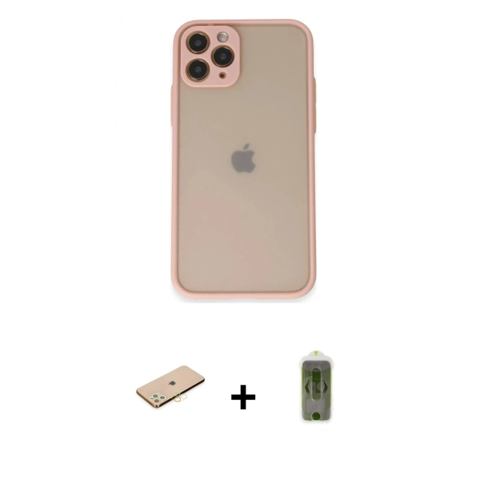 MARSİLYAN™- iPhone 11 Pro Kılıf Ahenk Çizgi Serisi - Siyah Joko Magic 5D Hayalet Cam + Pembe Renkli Kamera Lens Koruma Cam