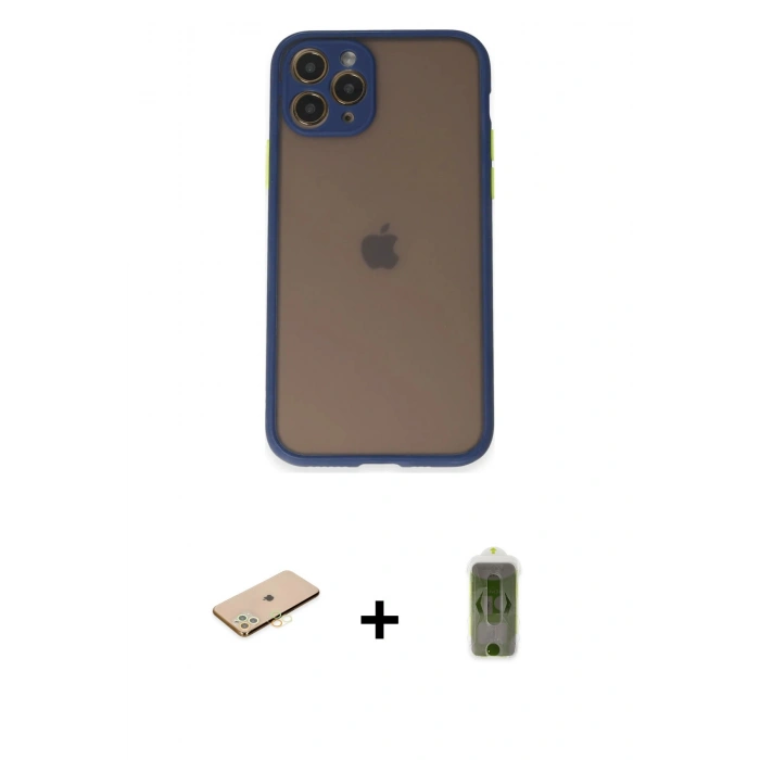 MARSİLYAN™- iPhone 11 Pro Kılıf Ahenk Çizgi Serisi - Siyah Joko Magic 5D Hayalet Cam + Pembe Renkli Kamera Lens Koruma Cam