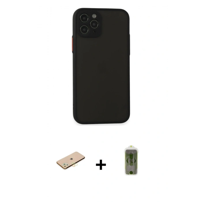 MARSİLYAN™- iPhone 11 Pro Kılıf Ahenk Çizgi Serisi - Siyah Joko Magic 5D Hayalet Cam + Pembe Renkli Kamera Lens Koruma Cam