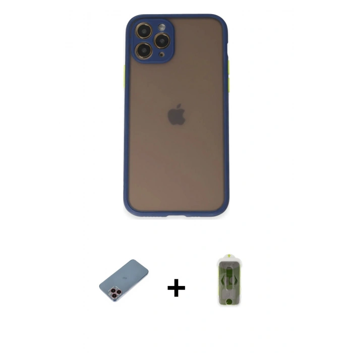MARSİLYAN™- iPhone 11 Pro Kılıf Ahenk Çizgi Serisi - Siyah Joko Magic 5D Hayalet Cam + Shine Kamera Lens Koruma Cam - PE