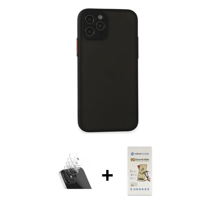 MARSİLYAN™- iPhone 11 Pro Kılıf Ahenk Çizgi Serisi - Siyah Mat Seramik Nano Ekran Koruyucu + Kamera Lens Koruma Cam - SF