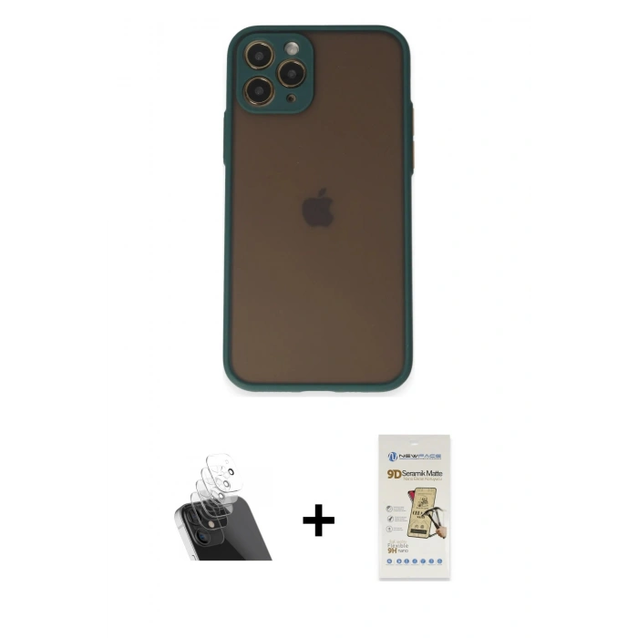 MARSİLYAN™- iPhone 11 Pro Kılıf Ahenk Çizgi Serisi - Siyah Mat Seramik Nano Ekran Koruyucu + Kamera Lens Koruma Cam - SF
