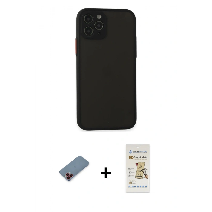 MARSİLYAN™- iPhone 11 Pro Kılıf Ahenk Çizgi Serisi - Siyah Mat Seramik Nano Ekran Koruyucu + Metal Kamera Lens Koruma Cam - KI