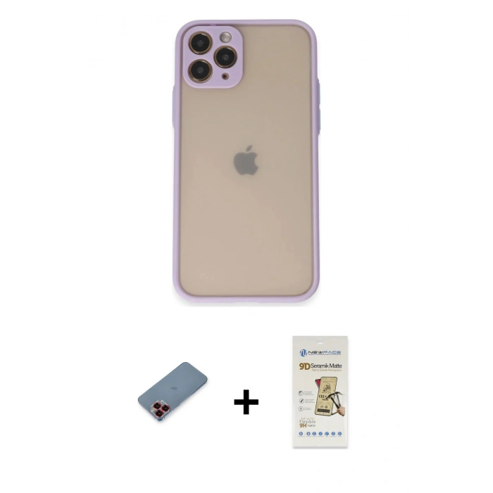 MARSİLYAN™- iPhone 11 Pro Kılıf Ahenk Çizgi Serisi - Siyah Mat Seramik Nano Ekran Koruyucu + Metal Kamera Lens Koruma Cam - KI
