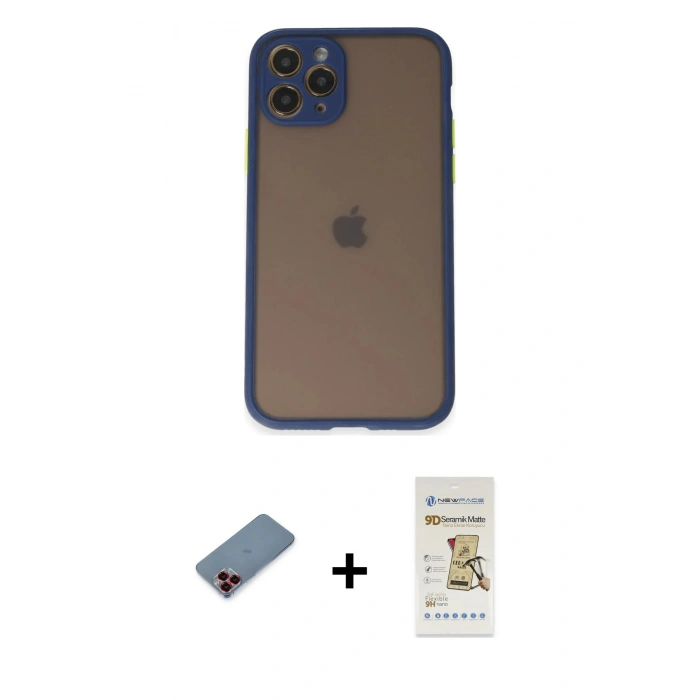 MARSİLYAN™- iPhone 11 Pro Kılıf Ahenk Çizgi Serisi - Siyah Mat Seramik Nano Ekran Koruyucu + Metal Kamera Lens Koruma Cam - KI
