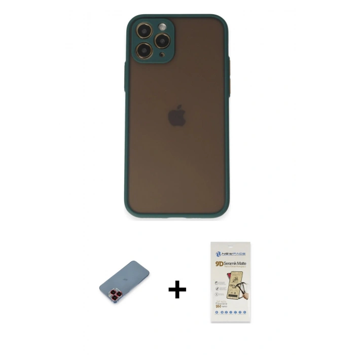 MARSİLYAN™- iPhone 11 Pro Kılıf Ahenk Çizgi Serisi - Siyah Mat Seramik Nano Ekran Koruyucu + Metal Kamera Lens Koruma Cam - KI