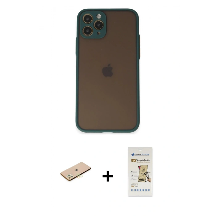 MARSİLYAN™- iPhone 11 Pro Kılıf Ahenk Çizgi Serisi - Siyah Mat Seramik Nano Ekran Koruyucu + Renkli Kamera Lens Koruma Cam - PE