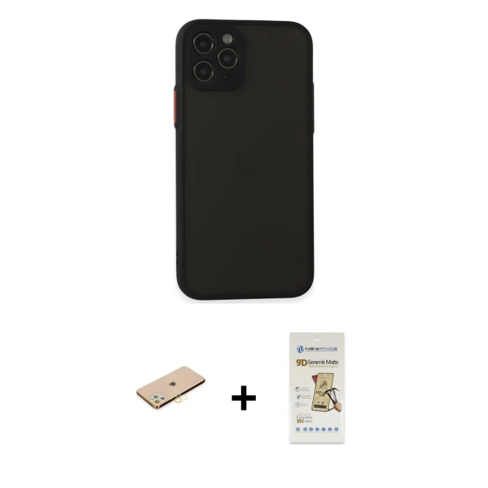MARSİLYAN™- iPhone 11 Pro Kılıf Ahenk Çizgi Serisi - Siyah Mat Seramik Nano Ekran Koruyucu + Renkli Kamera Lens Koruma Cam - PE