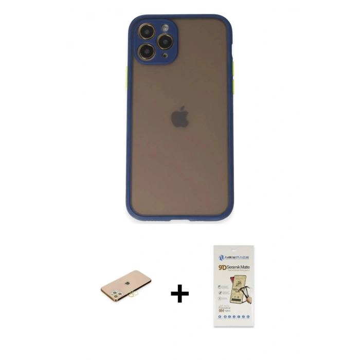 MARSİLYAN™- iPhone 11 Pro Kılıf Ahenk Çizgi Serisi - Siyah Mat Seramik Nano Ekran Koruyucu + Renkli Kamera Lens Koruma Cam - PE