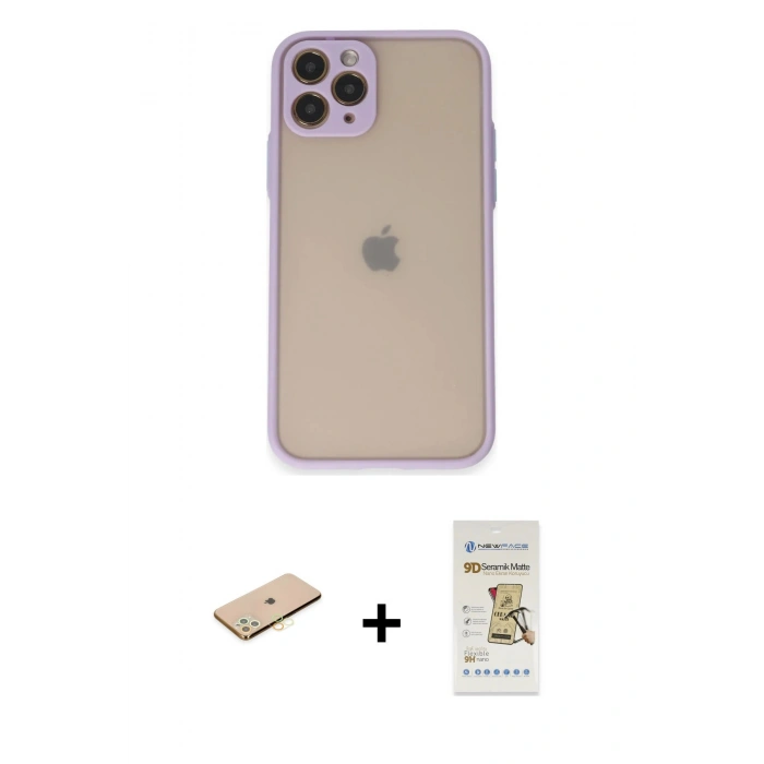 MARSİLYAN™- iPhone 11 Pro Kılıf Ahenk Çizgi Serisi - Siyah Mat Seramik Nano Ekran Koruyucu + Renkli Kamera Lens Koruma Cam - SI