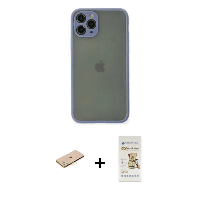 MARSİLYAN™- iPhone 11 Pro Kılıf Ahenk Çizgi Serisi - Siyah Mat Seramik Nano Ekran Koruyucu + Renkli Kamera Lens Koruma Cam - SI