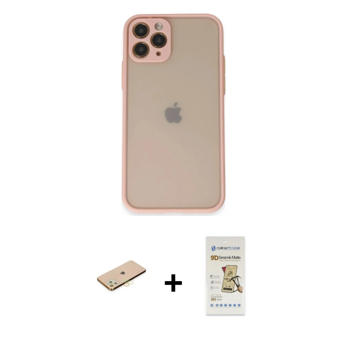 MARSİLYAN™- iPhone 11 Pro Kılıf Ahenk Çizgi Serisi - Siyah Mat Seramik Nano Ekran Koruyucu + Renkli Kamera Lens Koruma Cam - SI