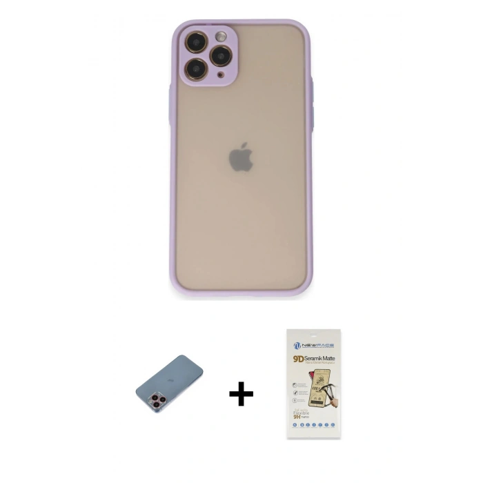MARSİLYAN™- iPhone 11 Pro Kılıf Ahenk Çizgi Serisi - Siyah Mat Seramik Nano Ekran Koruyucu + Shine Kamera Lens Koruma Cam - PE