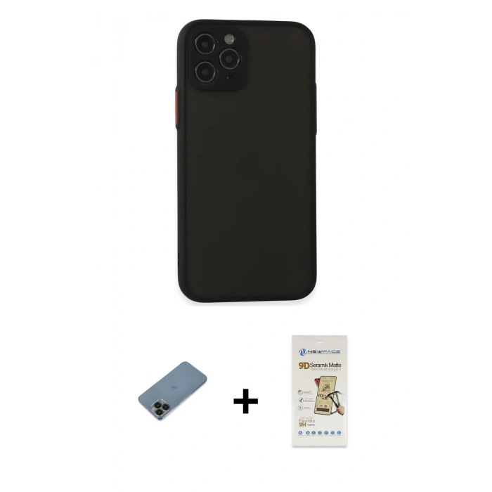 MARSİLYAN™- iPhone 11 Pro Kılıf Ahenk Çizgi Serisi - Siyah Mat Seramik Nano Ekran Koruyucu + Shine Kamera Lens Koruma Cam - SH