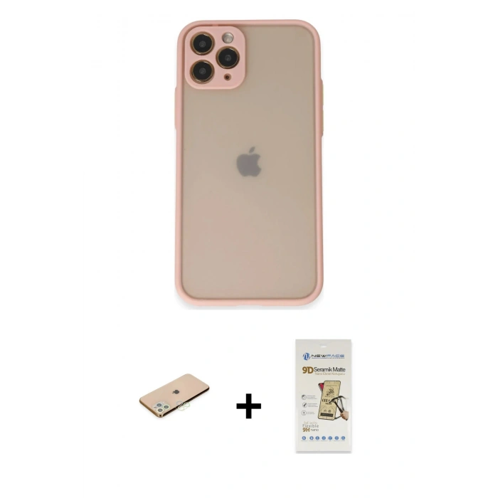 MARSİLYAN™- iPhone 11 Pro Kılıf Ahenk Çizgi Serisi - Siyah Mat Seramik Nano Ekran Koruyucu + Renkli Kamera Lens Koruma Cam - YL
