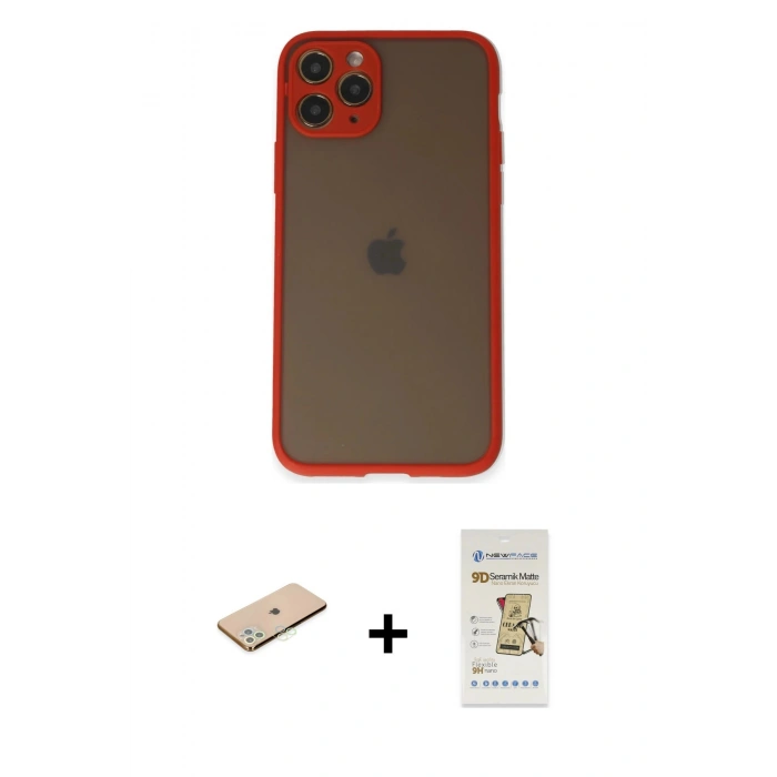 MARSİLYAN™- iPhone 11 Pro Kılıf Ahenk Çizgi Serisi - Siyah Mat Seramik Nano Ekran Koruyucu + Renkli Kamera Lens Koruma Cam - YL