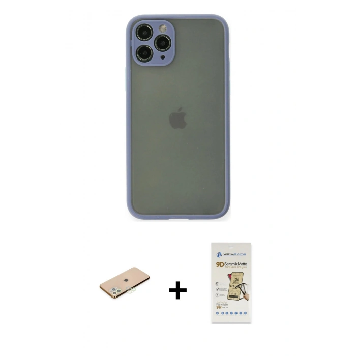 MARSİLYAN™- iPhone 11 Pro Kılıf Ahenk Çizgi Serisi - Siyah Mat Seramik Nano Ekran Koruyucu + Renkli Kamera Lens Koruma Cam - YL