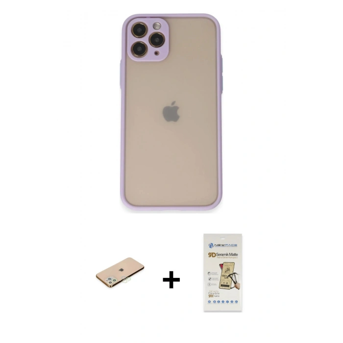 MARSİLYAN™- iPhone 11 Pro Kılıf Ahenk Çizgi Serisi - Siyah Mat Seramik Nano Ekran Koruyucu + Renkli Kamera Lens Koruma Cam - YL