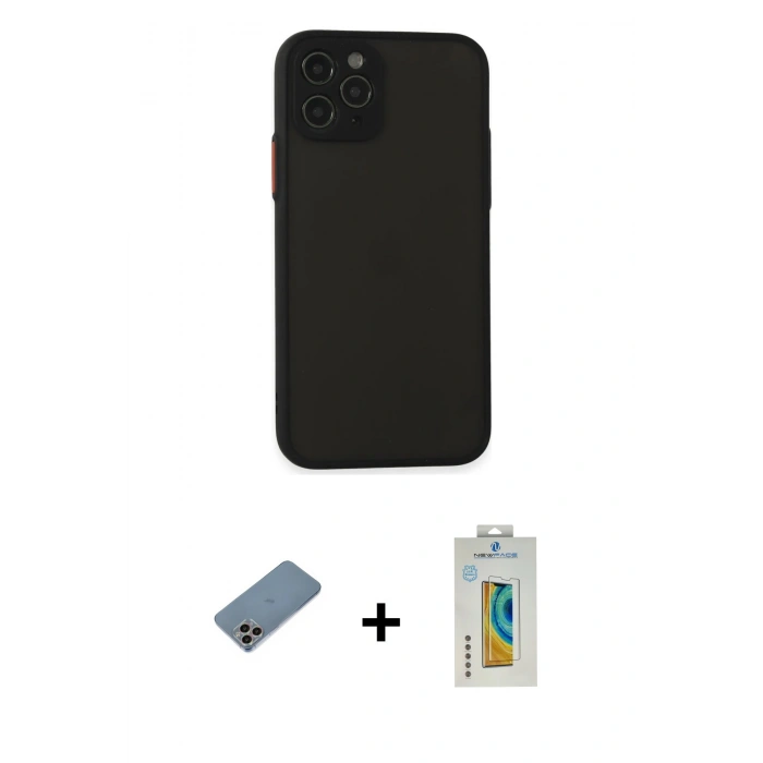 MARSİLYAN™- iPhone 11 Pro Kılıf Ahenk Çizgi Serisi - Siyah Polymer Nano Ekran Koruyucu + Shine Kamera Lens Koruma Cam - GI