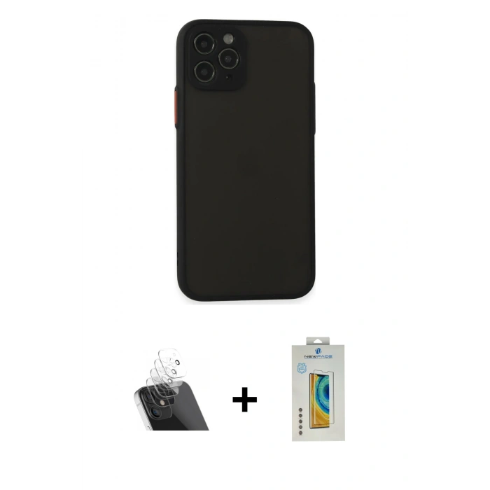 MARSİLYAN™- iPhone 11 Pro Kılıf Ahenk Çizgi Serisi - Siyah Polymer Nano Ekran Koruyucu + Kamera Lens Koruma Cam - SF