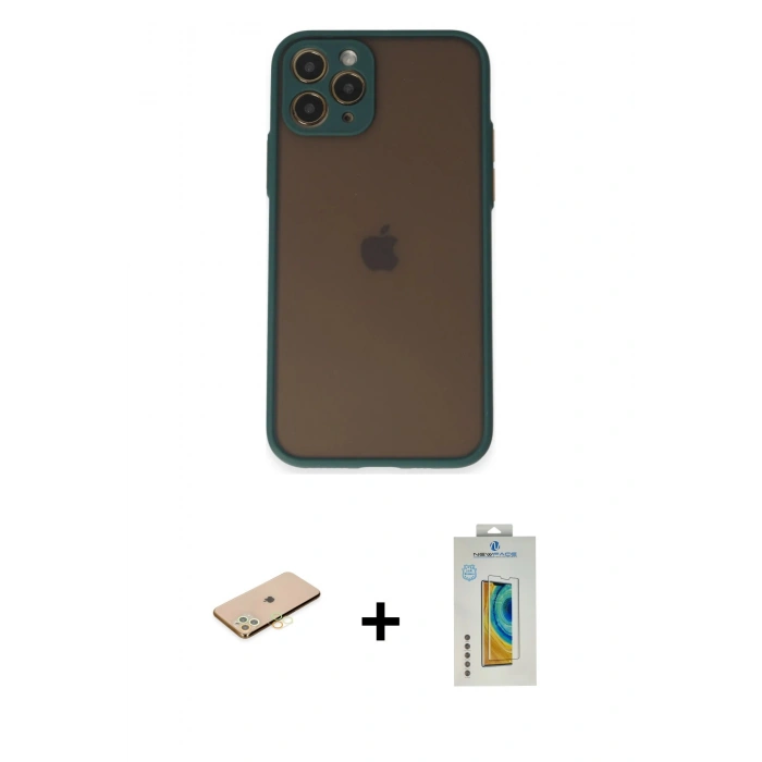 MARSİLYAN™- iPhone 11 Pro Kılıf Ahenk Çizgi Serisi - Siyah Polymer Nano Ekran Koruyucu + Renkli Kamera Lens Koruma Cam - PE