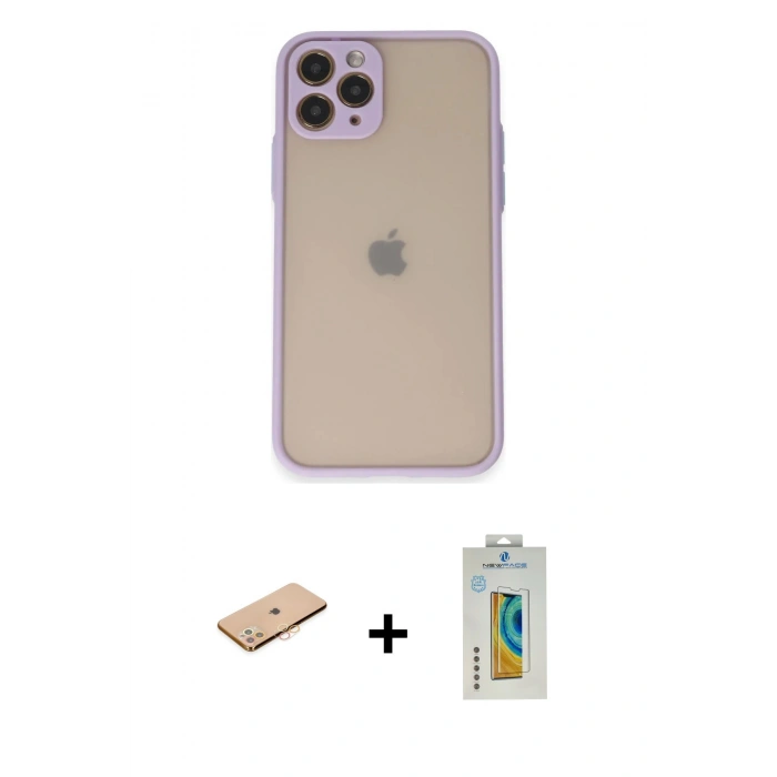 MARSİLYAN™- iPhone 11 Pro Kılıf Ahenk Çizgi Serisi - Siyah Polymer Nano Ekran Koruyucu + Renkli Kamera Lens Koruma Cam - TU