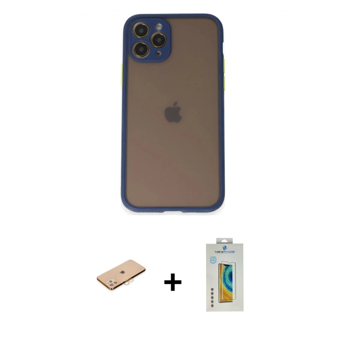 MARSİLYAN™- iPhone 11 Pro Kılıf Ahenk Çizgi Serisi - Siyah Polymer Nano Ekran Koruyucu + Renkli Kamera Lens Koruma Cam - TU
