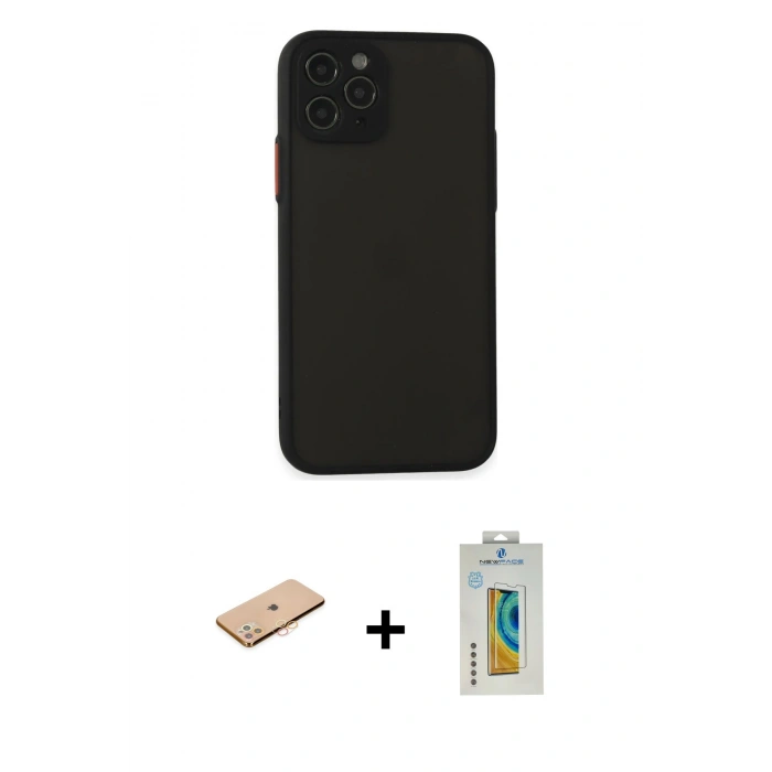 MARSİLYAN™- iPhone 11 Pro Kılıf Ahenk Çizgi Serisi - Siyah Polymer Nano Ekran Koruyucu + Renkli Kamera Lens Koruma Cam - TU