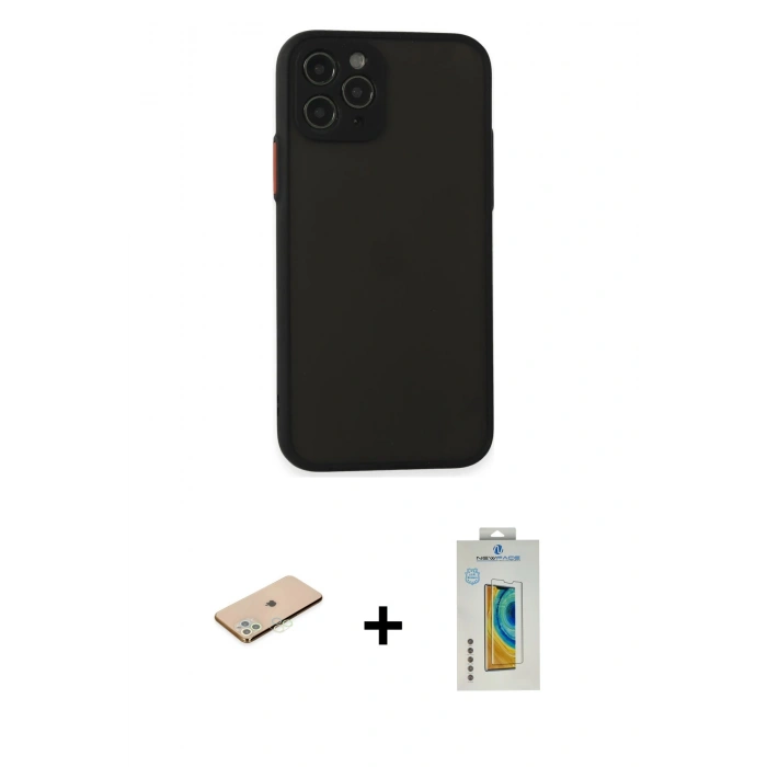MARSİLYAN™- iPhone 11 Pro Kılıf Ahenk Çizgi Serisi - Siyah Polymer Nano Ekran Koruyucu + Renkli Kamera Lens Koruma Cam - YL