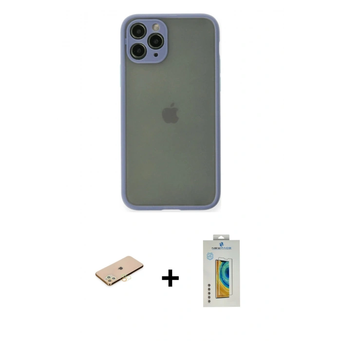 MARSİLYAN™- iPhone 11 Pro Kılıf Ahenk Çizgi Serisi - Siyah Polymer Nano Ekran Koruyucu + Renkli Kamera Lens Koruma Cam - PE