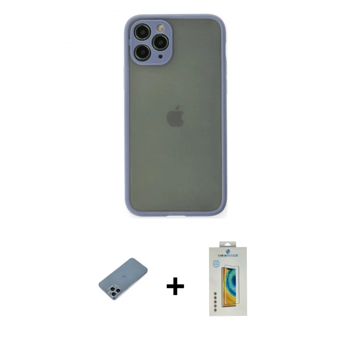 MARSİLYAN™- iPhone 11 Pro Kılıf Ahenk Çizgi Serisi - Siyah Polymer Nano Ekran Koruyucu + Sierra Blue Shine Kamera Lens Koruma Cam
