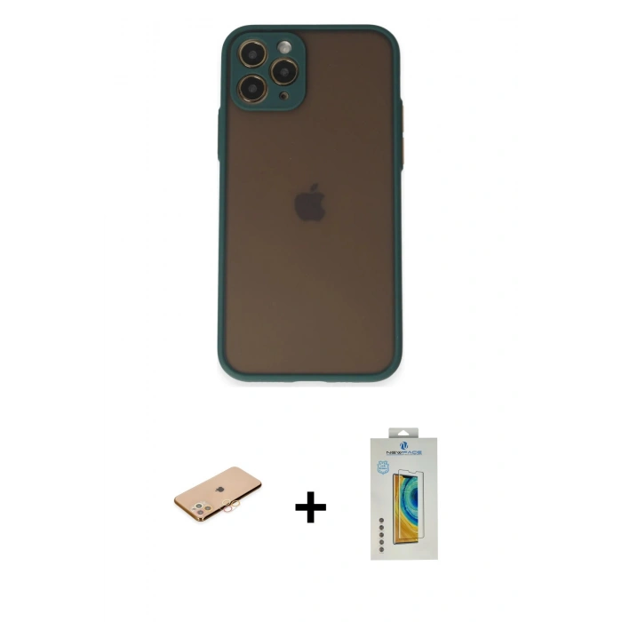MARSİLYAN™- iPhone 11 Pro Kılıf Ahenk Çizgi Serisi - Siyah Polymer Nano Ekran Koruyucu + Renkli Kamera Lens Koruma Cam - TU