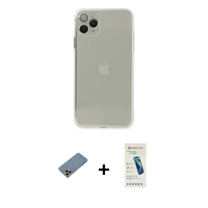 MARSİLYAN™- iPhone 11 Pro Kılıf Ahenk Doku - Şeffaf Pasifik Cam Ekran Koruyucu + Shine Kamera Lens Koruma Cam - GI