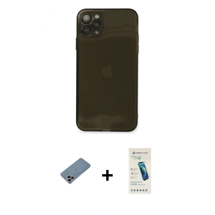 MARSİLYAN™- iPhone 11 Pro Kılıf Ahenk Doku - Şeffaf Pasifik Cam Ekran Koruyucu + Shine Kamera Lens Koruma Cam - GI