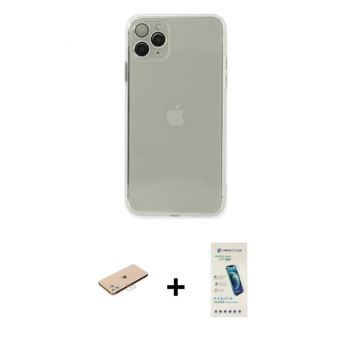MARSİLYAN™- iPhone 11 Pro Kılıf Ahenk Doku - Şeffaf Pasifik Cam Ekran Koruyucu + Renkli Kamera Lens Koruma Cam - MI