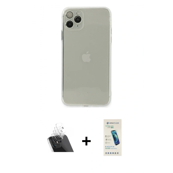 MARSİLYAN™- iPhone 11 Pro Kılıf Ahenk Doku - Şeffaf Pasifik Cam Ekran Koruyucu + Kamera Lens Koruma Cam - SF