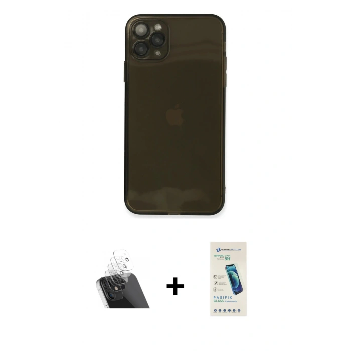 MARSİLYAN™- iPhone 11 Pro Kılıf Ahenk Doku - Şeffaf Pasifik Cam Ekran Koruyucu + Kamera Lens Koruma Cam - SF